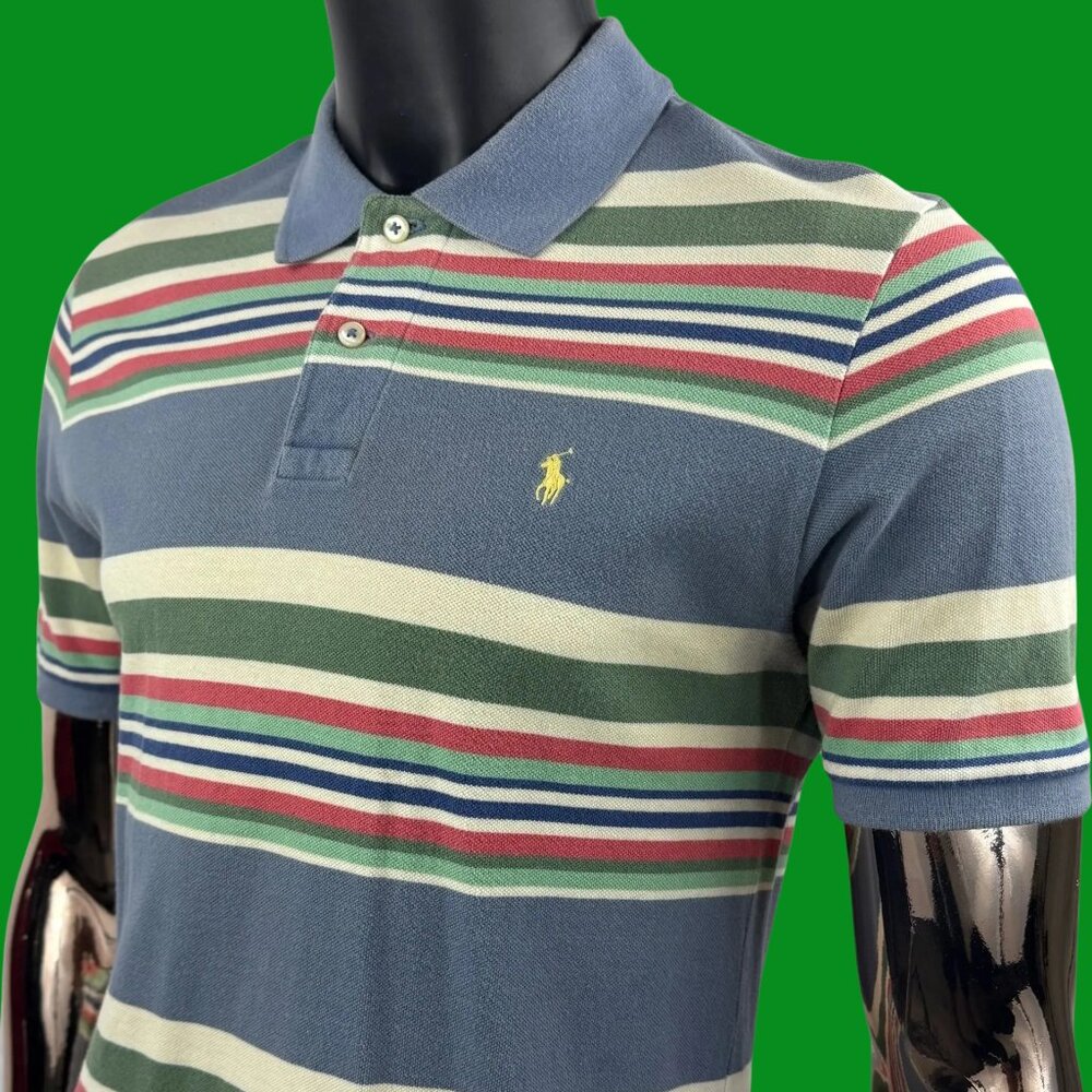VTG Blue Tag Polo Ralph Lauren Multi-Color Striped Cotton Mesh Polo Shirt